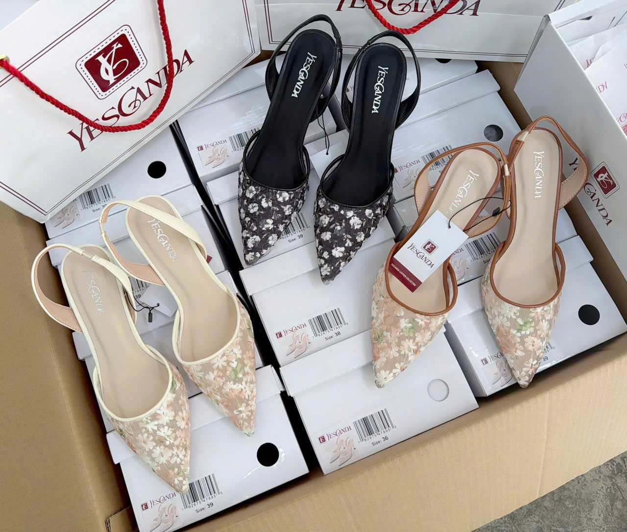 Giày slingback Yescanda – thiết kế phối ren, gót 8 cm